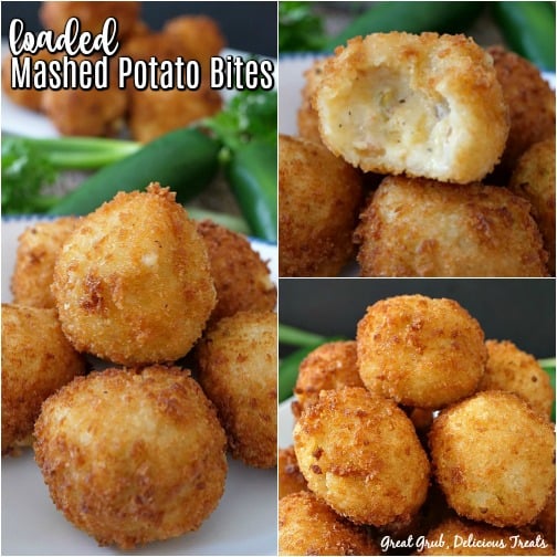 Loaded Mashed Potato Bites are so delicious and the perfect appetizer to take to a potluck or to a game day party. A 3 picture collage of loaded mashed potato bites, on a white plate, stacked up on top of each other