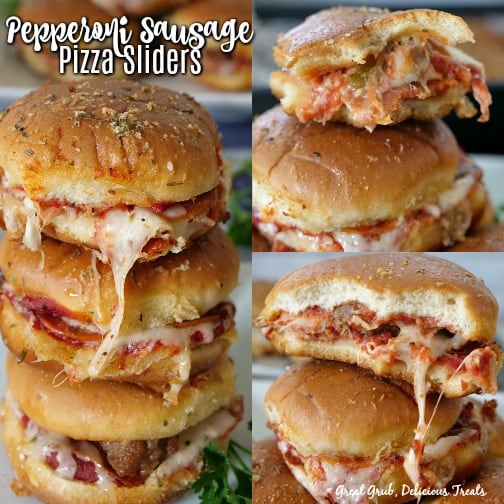 Pepperoni Sausage Pizza Sliders stuffed with pepperoni, sausage, cheese and then baked. Pepperoni Sausage Pizza Sliders stuffed with pepperoni, sausage, cheese and then baked.