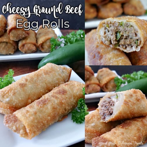 Cheesy Ground Beef Egg Rolls are easy to make, packed full of flavor, are crispy, crunchy and fried to a golden brown. A 3 collage photo of cheesy ground beef egg rolls on a white plate with more egg rolls in the background.
