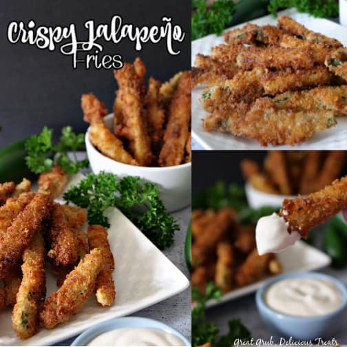 Crispy Jalapeno Fries are perfectly seasoned and super delicious, coated with a homemade batter and fried to a golden brown. A 3 photo collage with jalapeno fries on a white plate with parsley in the background, and a small light blue bowl of ranch dressing in the front.