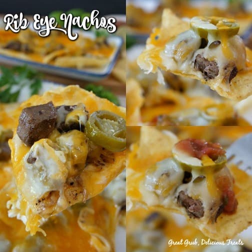 Rib Eye Nachos are tender bites of leftover rib eye, two types of cheese and jalapenos. Rib Eye Nachos - a collage of 3 pictures all a single corn tortilla chip loaded with meat, cheese and jalapenos.
