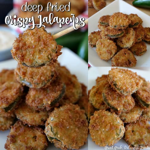 Deep Fried Crispy Jalapenos are delicious jalapeno slices coated in a homemade batter and fried to a crispy perfection. A 3 photo collage of deep fried jalapenos on a white plate. One photo of fried jalapenos stacked up in a pile.