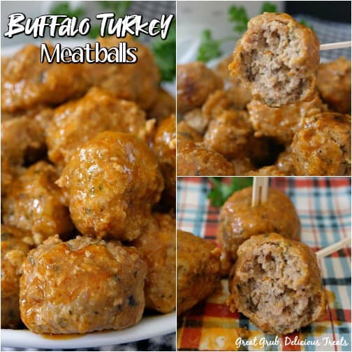 These buffalo turkey meatballs are packed full of spicy buffalo flavor and are the perfect appetizers for game day. A 3 photo collage of buffalo turkey meatballs on a plaid placemat with parsley in the background for decoration.