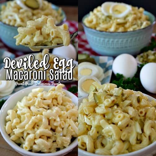 Deviled Egg Macaroni Salad is the perfect side dish recipe, loaded with pasta, eggs, pickles and onions. #easysaladrecipes #deliciouspastarecipes #delish #greatgrubdelicioustreats Deviled Egg Macaroni Salad is the perfect side dish recipe, loaded with pasta, eggs, pickles and onions.