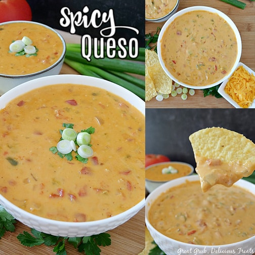Spicy Queso is a delicious and simple appetizer recipe that packs a punch in the spice department. Perfect for game day parties, family gatherings or a midday snack. A 3 photo collage of a white bowl filled with spicy queso placed on a wood cutting board.