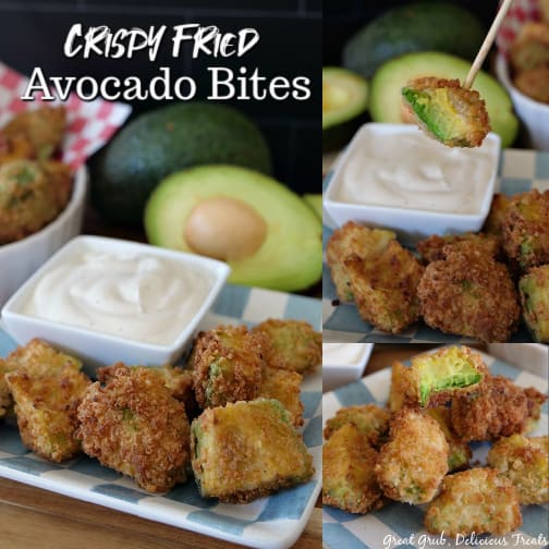 Crispy Fried Avocado Bites are an easy and delicious fried appetizer that is crispy and creamy. A collage of three pictures of Crispy Fried Avocado Bites on a light blue and white checkered plate.