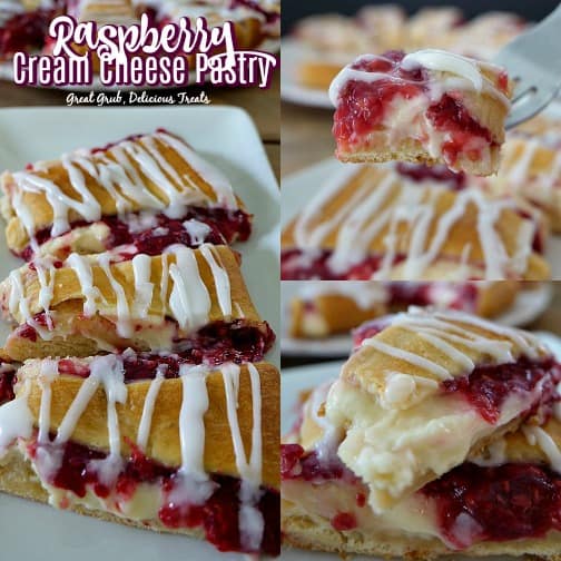 Raspberry Cream Cheese Pastry is a delicious baked dessert made with crescents, cream cheese and raspberries. #crescents #desserttable #yummy #delicious #greatgrubdelicioustreats Raspberry Cream Cheese Pastry