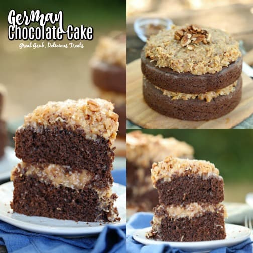 German Chocolate Cake is filled and frosted with the delicious classic coconut pecan frosting. German Chocolate Cake is filled and frosted with the delicious classic coconut pecan frosting.