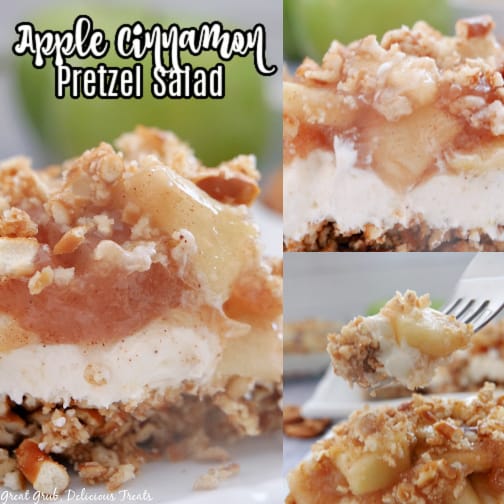 Apple Cinnamon Pretzel Salad is a delicious and easy pretzel salad recipe with all the flavors of fall in one simple dessert. A 3 photo collage of pictures of Apple Cinnamon Pretzel Salad and the title on the upper left hand side of the photo.