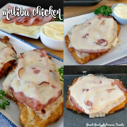 Malibu Chicken is a favorite copycat chicken recipe from the Sizzler restaurant. A 3 picture collage with one photo of two pieces of Malibu chicken topped with Swiss cheese and ham with sliced ham and Swiss on a plate in the background. The other two photos show one piece of Malibu chicken on white plate with dipping sauce in the background and one on a baking sheet.