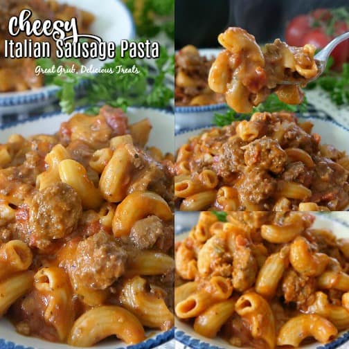 Cheesy Italian Sausage Pasta is easy, delicious, pasta recipe made in one pot. Cheesy Italian Sausage Pasta is a collage picture of pasta recipe in a white bowl trimmed in blue with Italian sausage, elbow macaroni, cheese.