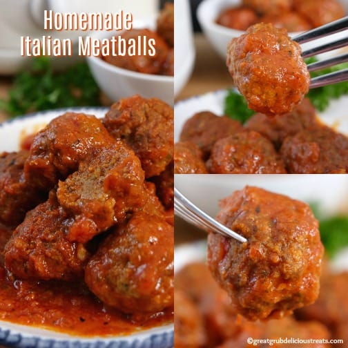 Homemade Italian Meatballs are perfect for pot lucks, game day parties and family gatherings. A three collage photo of homemade Italian meatballs.