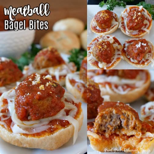 Meatball Bagel Bites are soft homemade bagel bites topped with spaghetti sauce, mozzarella cheese, meatballs, and parmesan cheese. A collage of three pictures of Meatball Bagel Bites with the title in the top left picture.