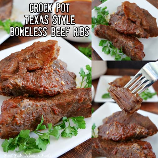 Crock Pot Texas Style Boneless Beef Ribs are tender, slow cooked in a homemade BBQ sauce and make the perfect dinner recipe. A 3 photo collage of Crock Pot Texas Style Boneless Beef Ribs placed on a white plate.