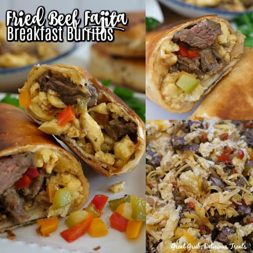 A 3 photo collage of beef fajita breakfast burritos.