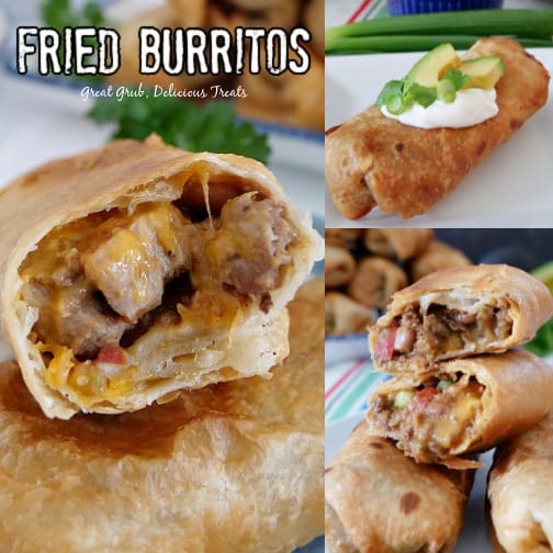 Fried Burritos are a family favorite burrito recipe that is loaded with three types of meat, two types of cheese and three types of beans, fried to perfection. A 3 collage photo of fried burritos showing the inside filling in two of the photos and one photo showing the burrito with sour cream, avocado and sliced green onions on top.