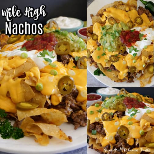 Mile High Nachos are a delicious appetizer recipe that is loaded with the traditional nacho toppings and a homemade guacamole. Three collage photo with a white plate full of nachos and different angles of the nachos, which include meat, beans, cheese, salsa, sour cream, guacamole, jalapenos, green onions.