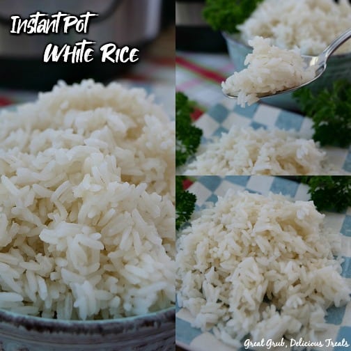 Instant Pot White Rice is an easy basic white rice instant pot recipe that makes fluffy rice each and every time. Instant Pot White Rice - a collage picture with a bowl of white rice, a spoonful of white rice, and a plate of white rice.