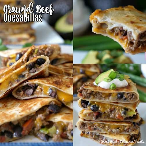 Ground Beef Quesadillas are stuffed full with two types of cheese, seasoned ground beef, black beans then fried to a crispy golden brown. A three collage photo of ground beef quesadillas with the title of the recipe at the top.