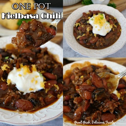 One pot kielbasa chili is a super filling and delicious comfort food that is perfect for a quick weeknight dinner. A 3 photo collage of a white bowl full of chili topped with sour cream and shredded cheese.