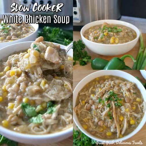 Slow Cooker White Chicken Soup is a delicious and hearty soup, full of chicken, corn, beans, and bursting with loads of flavors. A three photo collage of Slow Cooker White Chicken Soup in a white bowl with jalapeno, green onions, and cilantro as decoration around the bowl.