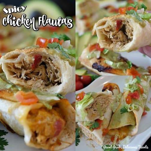 Spicy Chicken Flautas are crispy, loaded with chicken and cheese and then baked until crispy. Spicy Chicken Flautas - A collage of 3 photos, 1 with a flauta leaning on another showing the chicken mixture inside, 2, a flauta being held showing the inside ingredients, and lastly, chicken flautas on a white plate garnished with lettuce and tomatoes.