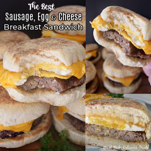 The Best Sausage, Egg, and Cheese Breakfast Sandwich is a delicious recipe that is easy to make in bulk and freezes so well. A three photo collage of sausage breakfasts sandwiches where you can see the layers of the English muffin, egg, sausage, and cheese.