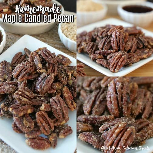 Homemade maple candied pecans are a quick and delicious sweet snack to make that is full of maple flavoring and a crunchy outside layer. A three photo collage of candied pecans on a white plate with small bowls of brown sugar and maple syrup in the back.