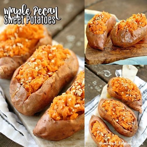 Maple Pecan Sweet Potatoes are twice baked and packed full of deliciousness. Maple Pecan Sweet Potatoes are twice baked and packed full of deliciousness.