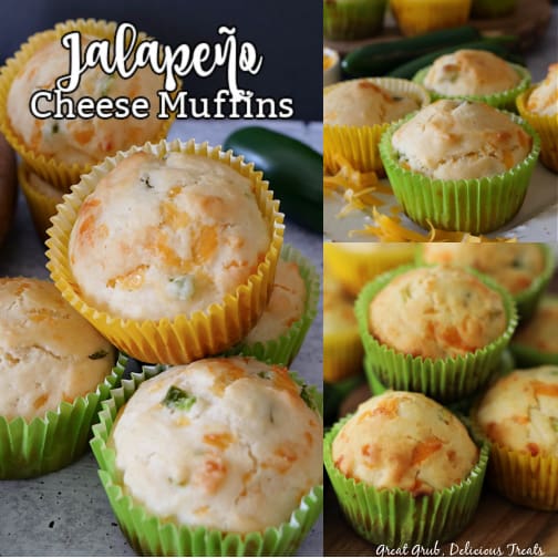Jalapeno Cheese Muffins are a quick and easy recipe that is made with diced, fresh jalapenos and shredded cheddar cheese. A collage of three up close pictures of Jalapeno Cheese Muffins in green and yellow muffin liners with the title at the top left.