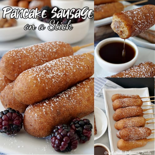 Pancake Sausage on a Stick is a delicious breakfast food that is a sausage link dipped in homemade batter and fried to a golden brown. A three photo collage with the main photo of pancake sausage on a stick stacked up on a white plate with a small white bowl of berries in the background, another picture of a pancake sausage on a stick with a bite taken out and dipped in syrup, with a small white bowl of syrup on the plate, and the last photo is an overhead photo of pancake sausage on a stick stacked up on a long white plate with powdered sugar on top.