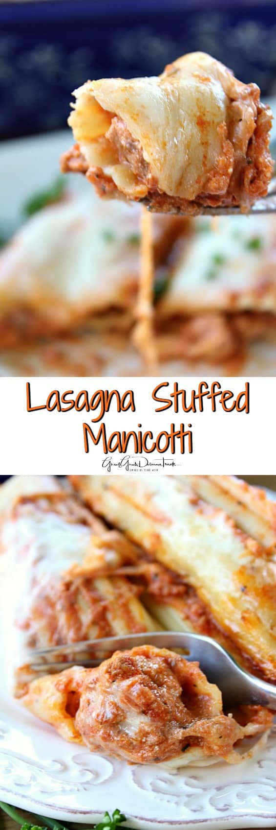 Lasagna Stuffed Manicotti A double collage photo of lasagna stuffed manicotti with the title of the recipe in between the two photos.