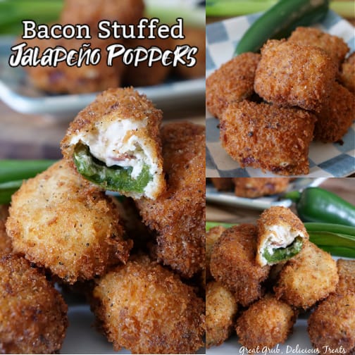 Stuffed Jalapeno Poppers are jalapeno pieces filled with a creamy mixture consisting of cream cheese, bacon, green onions, and cheddar cheese, and fried to a crispy perfection. A three photo collage of stuffed jalapeno poppers with all pictures having stuffed peppers stacked on top of one another, jalapenos and green onions in the background, and 2 of the 3 photos have a bite taken out of the jalapeno popper where you can see the jalapeno and the cheese filling inside.