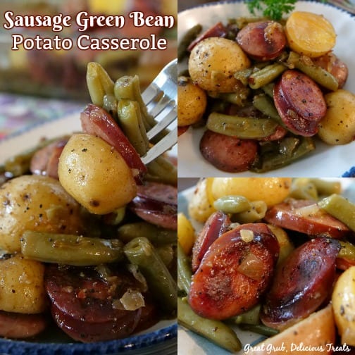 Sausage Green Bean Potato Casserole is an easy and delicious side dish recipe, full of sausage, green beans and potatoes. A three collage photo of sausage, green beans and potatoes on a white plate.