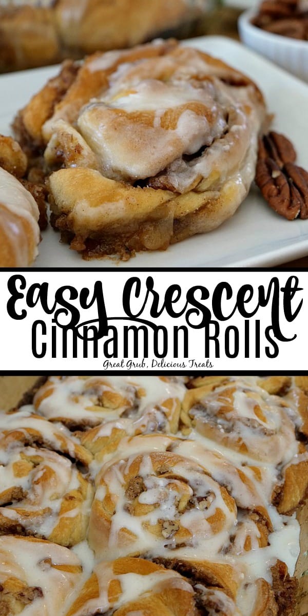 Easy Crescent Cinnamon Rolls are stuffed full of a delicious sugar, cinnamon, pecan mixture, baked to a golden brown and drizzled with icing.