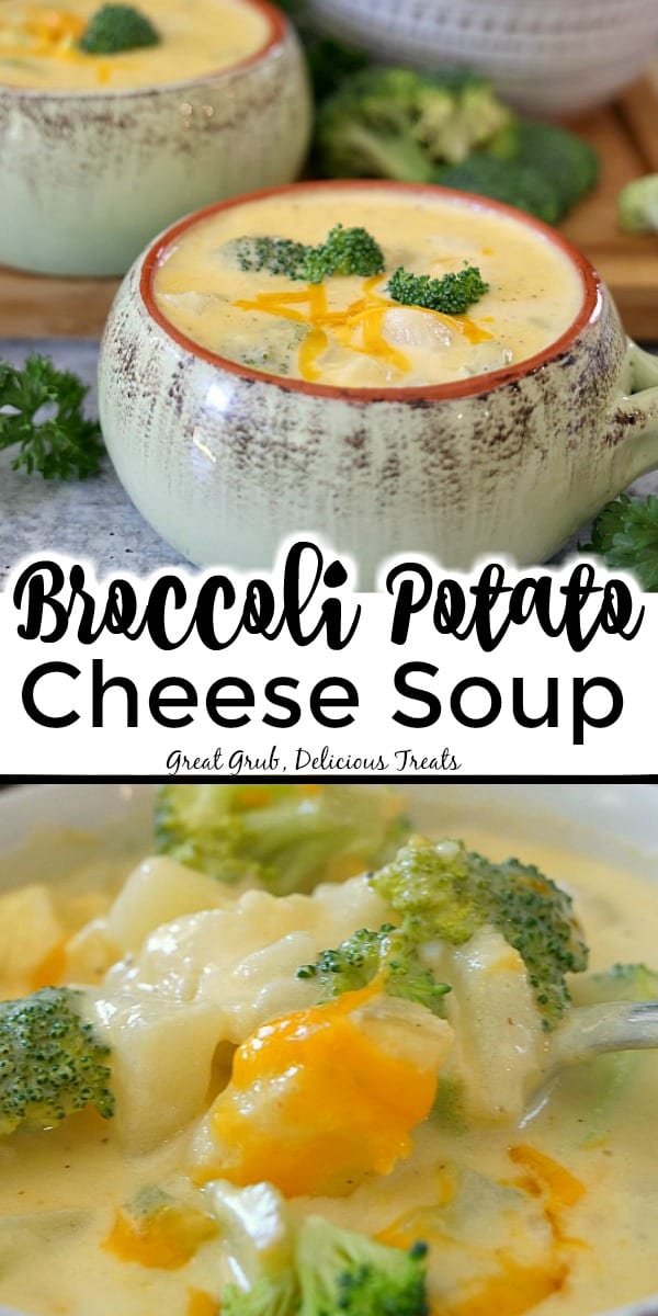 Broccoli Potato Cheese Soup is a delicious potato cheese soup recipe with the addition of broccoli for a scrumptious and favorite soup. Broccoli Potato Cheese Soup - a photo with two pics, the top shows a bowl of soup with broccoli and the bottom picture is a close of of the potatoes, broccoli and cheese on a spoon.