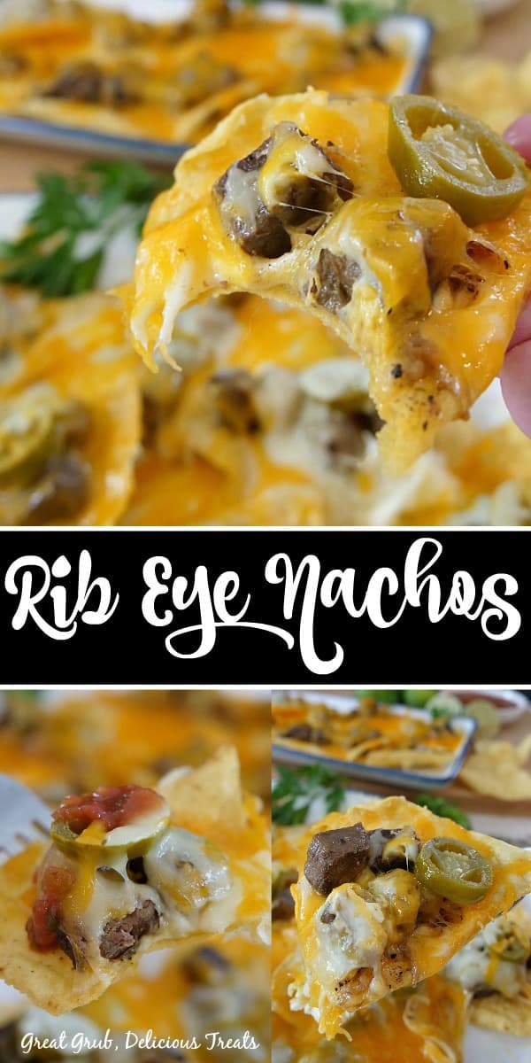 Rib Eye Nachos are an easy appetizer recipe, loaded with leftover rib eye steak, two types of cheese and jalapenos.