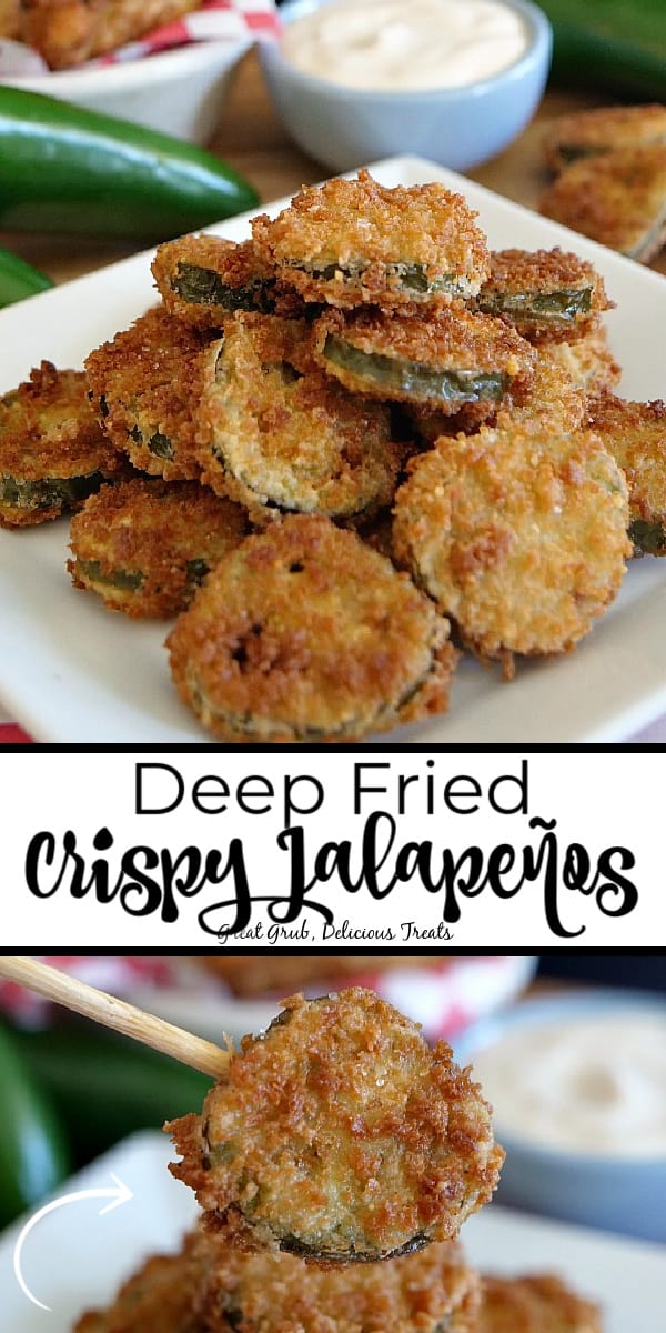 Deep Fried Crispy Jalapenos are a quick and easy appetizer recipe that tastes absolutely delicious and that will definitely be a hit on the appetizer table. two photos of deep fried jalapenos on a white plate with jalapenos in the background.