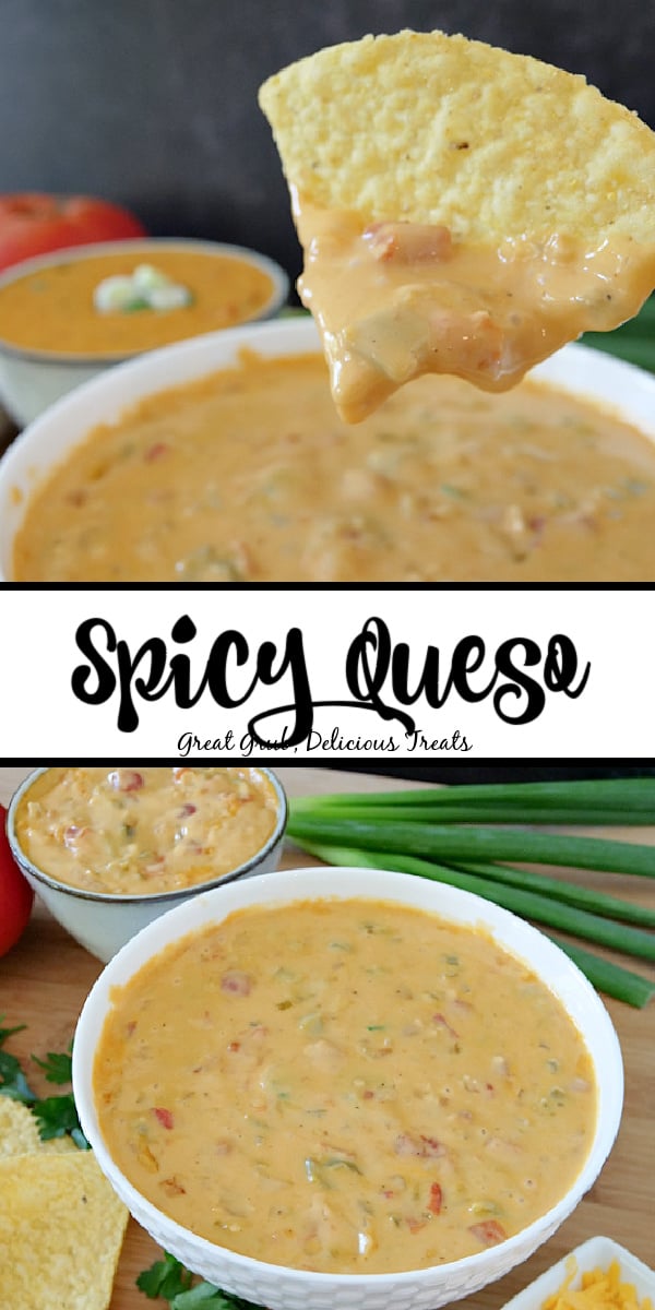 Spicy Queso is a creamy queso dip recipe that packs a punch with jalapenos, pepper jack cheese and more. A double collage photo of spicy queso dip, one photo is a chip that has the queso on it and the other photo is a white bowl filled with spicy queso.