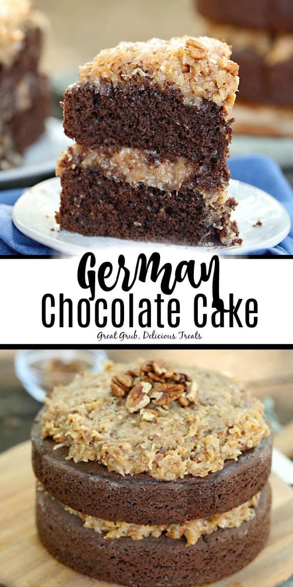 German Chocolate Cake is a double layer chocolate cake filled and topped with the classic coconut pecan frosting.