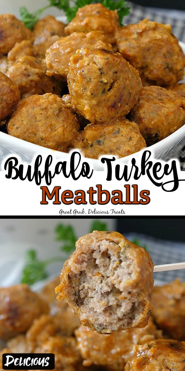 Buffalo Turkey Meatballs are the perfect game day appetizer that is sure to be a hit at any party, game day get together, or holiday event. 2 picture collage with buffalo turkey meatballs in a small white bowl with parsley in the background and a black and white checkered place mat.