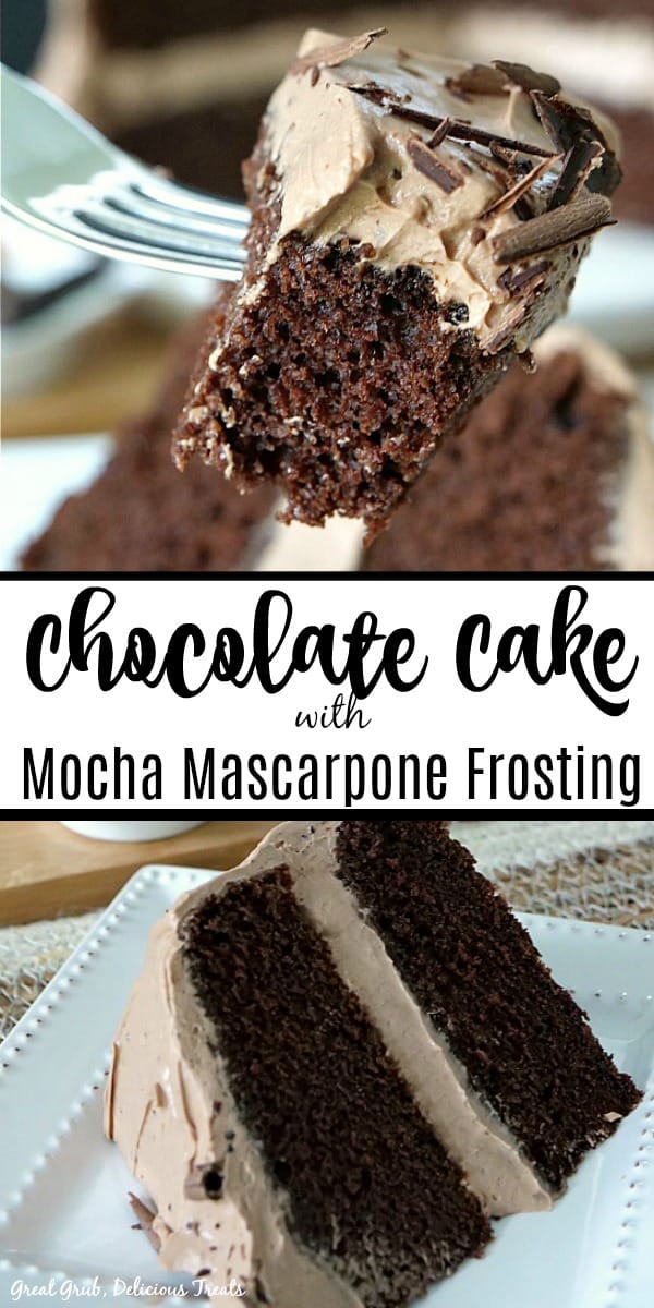 Chocolate Cake with Mocha Mascarpone Frosting is a moist and delicious chocolate cake with espresso in the cake and frosting. #chocolatecakerecipe #mochafrosting #mascarpone #chocolateespressocake #greatgrubdelicioustreats A double collate photo of Chocolate Cake with Mocha Mascarpone Frosting.