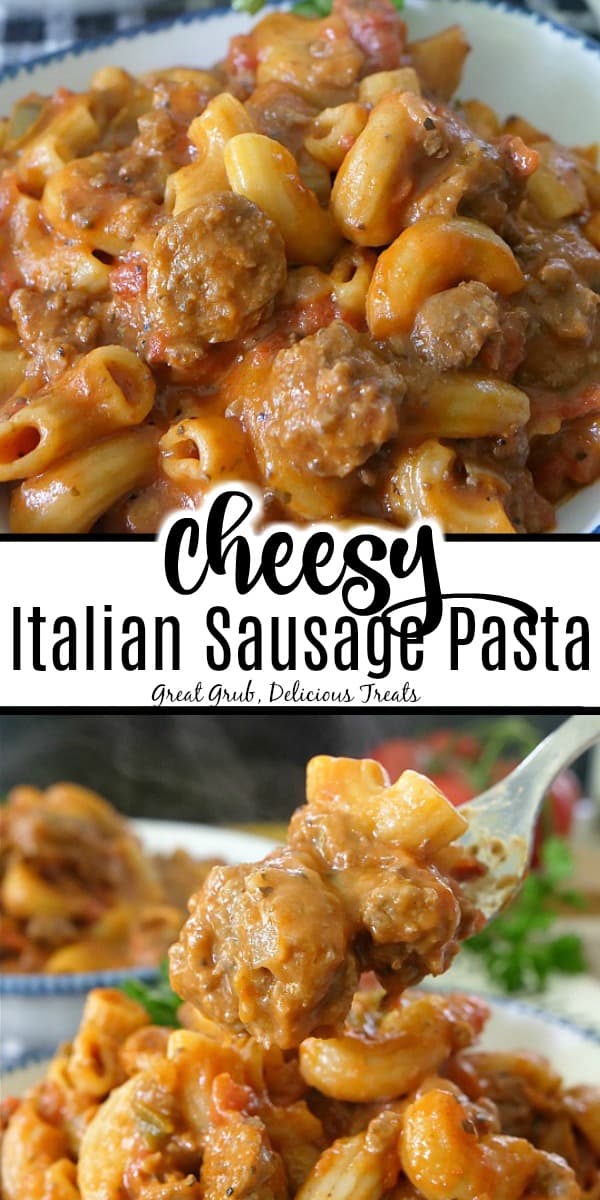 Cheesy Italian Sausage Pasta is a cheesy one pot comfort food recipe loaded with sausage and pasta, seasoned perfectly and a quick dinner recipe idea. #pastarecipes #onepotmeals #comfortfoodrecipe #italiansausage #greatgrubdelicioustreats