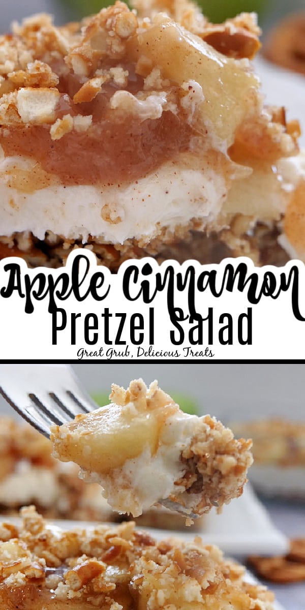 Apple Cinnamon Pretzel Salad is a sweet dessert recipe made with a pretzel crust, homemade cinnamon apple filling, and a crumbly topping. A double collage photo with a piece of Apple Cinnamon Pretzel Salad in the top photo and a forkful of the dessert in the bottom photo.