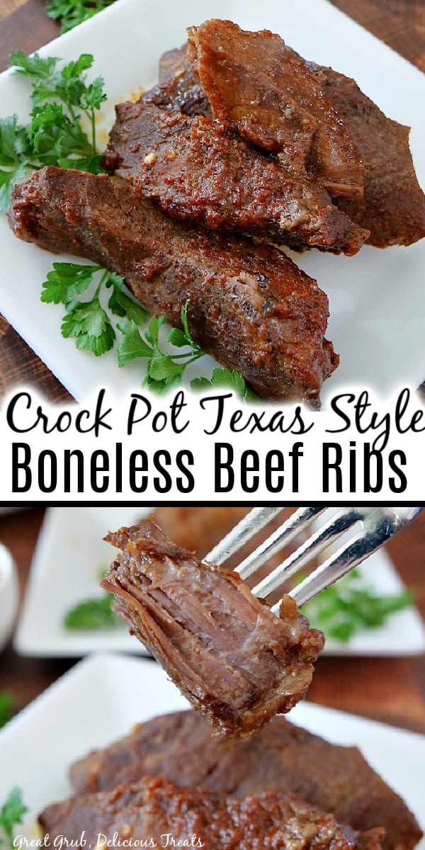 Crock Pot Texas Style Boneless Beef Ribs are tender beef ribs slow cooked in a homemade barbecue sauce. A double collage photo of Crock Pot Beef Ribs on a white plate.