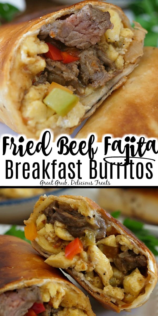 A double collage photo of beef fajita breakfast burrito cut in half showing the ingredients of eggs, cheese, beef, peppers, onions all in a flour tortilla that has been fried.