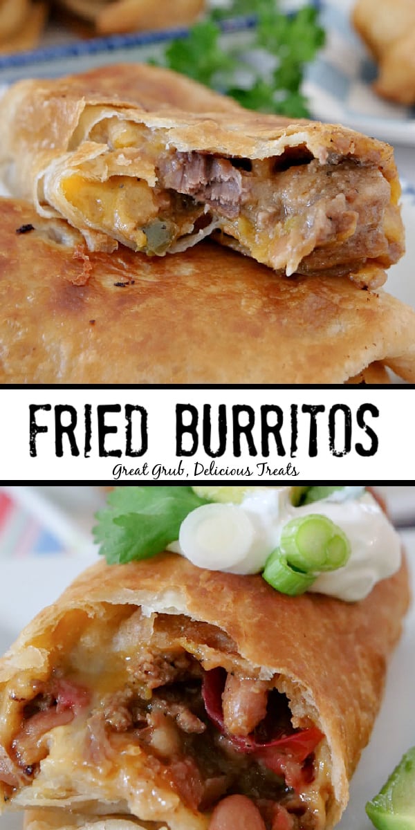 Fried Burritos are filled with three types of meat, two types of cheese, two types of beans, and green chilies, then fried to a golden brown. A double collage photo with two fried burritos with a bite taken out of one, and a burrito showing the filling in the second photo.
