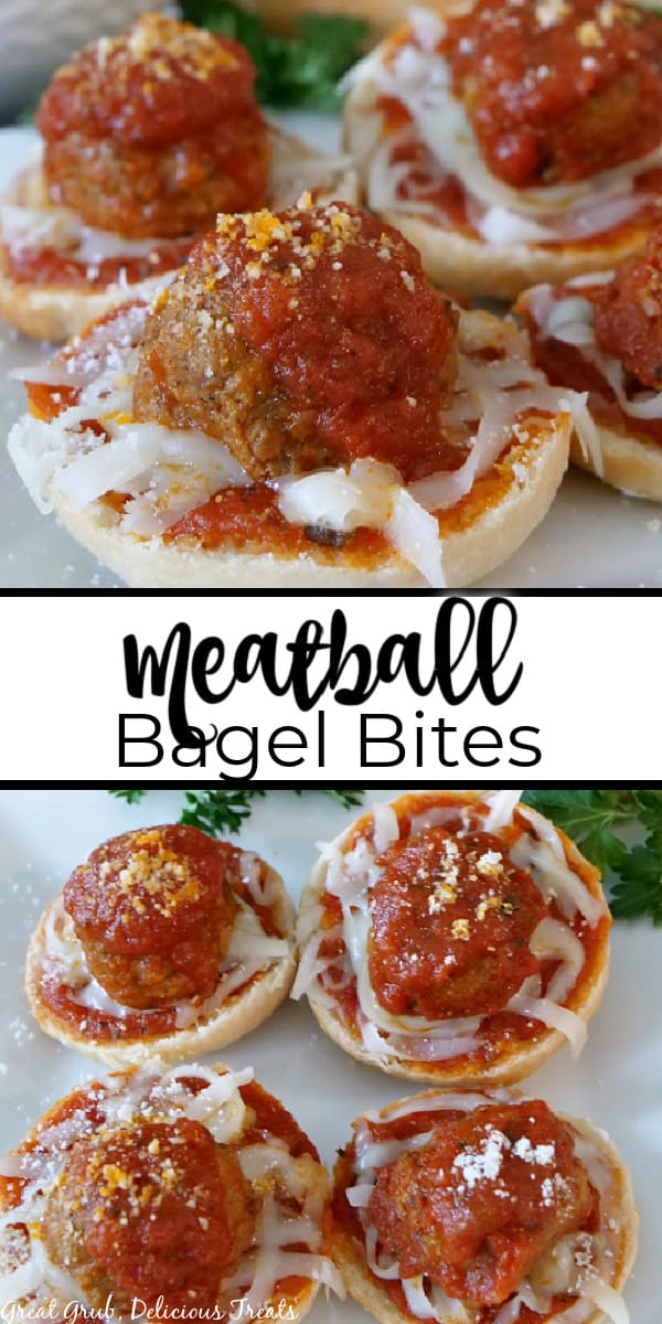 Meatball Bagel Bites are deliciously baked homemade bagel bites topped with spaghetti sauce, shredded mozzarella cheese, a meatball, and parmesan cheese. A double picture of Meatball Bagel bites on a white plate with parsley in the background and the title in the middle.