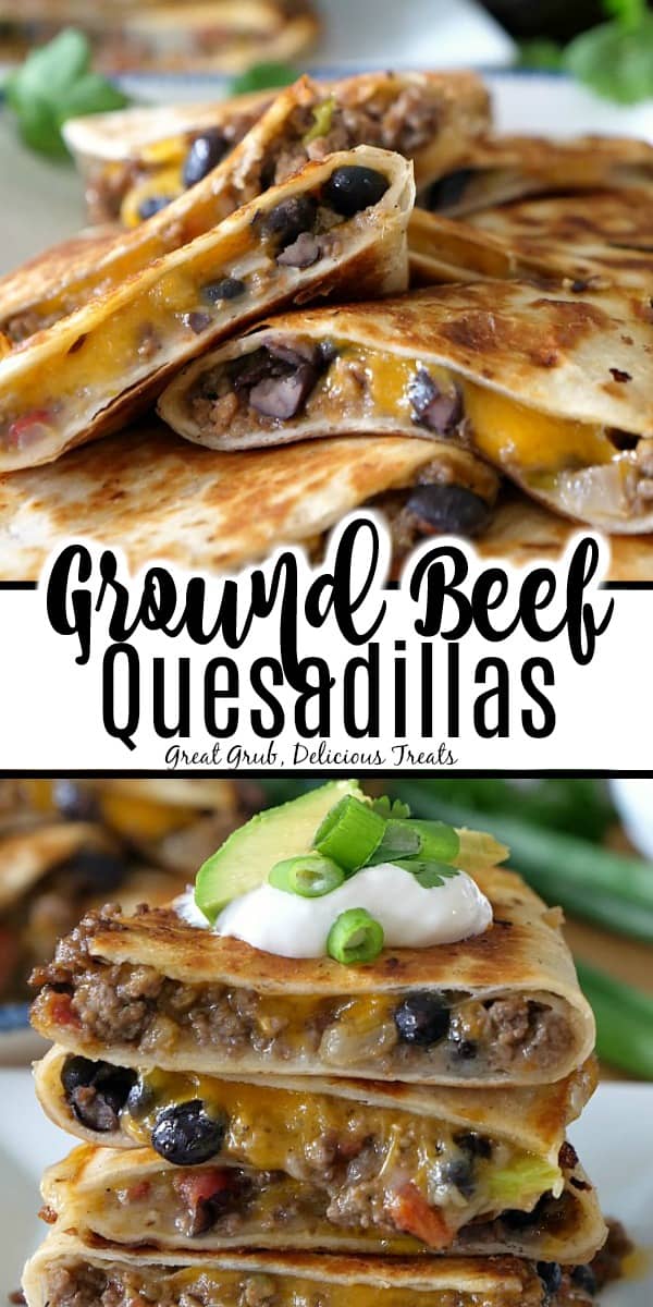 Ground Beef Quesadillas are an easy and delicious quesadilla recipe loaded with seasoned ground beef, two types of cheese, black beans and more. A double collage photo of beef quesadillas with the title of the recipe between the two photos.