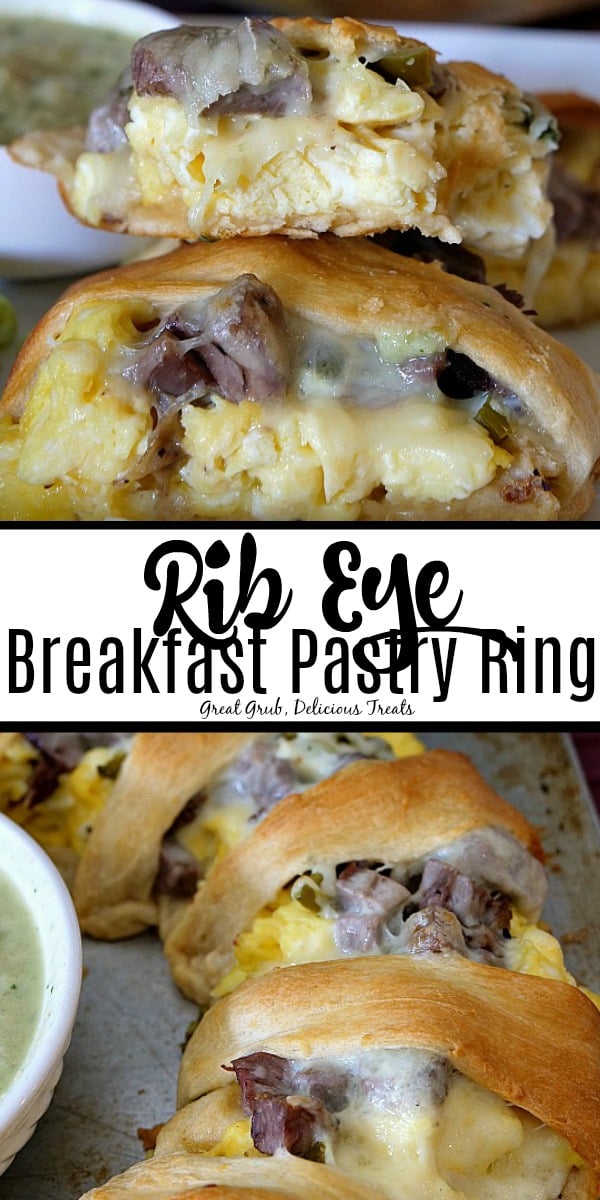 Rib Eye Breakfast Pastry Ring is made using leftover rib eye mixed with eggs, cheese, onions, seasonings then wrapped in crescents. #ribeye #breakfastrecipes #brunchideas #easybeefrecipe #greatgrubdelicioustreats